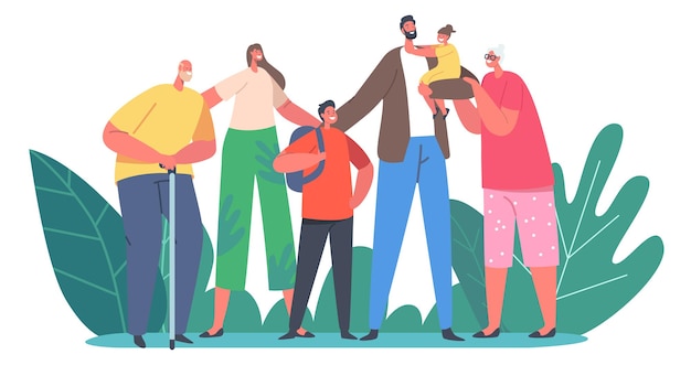 Conceito de família feliz. Personagens de pais, avós e filhos, de mãos dadas, abraços e sorrisos, geração