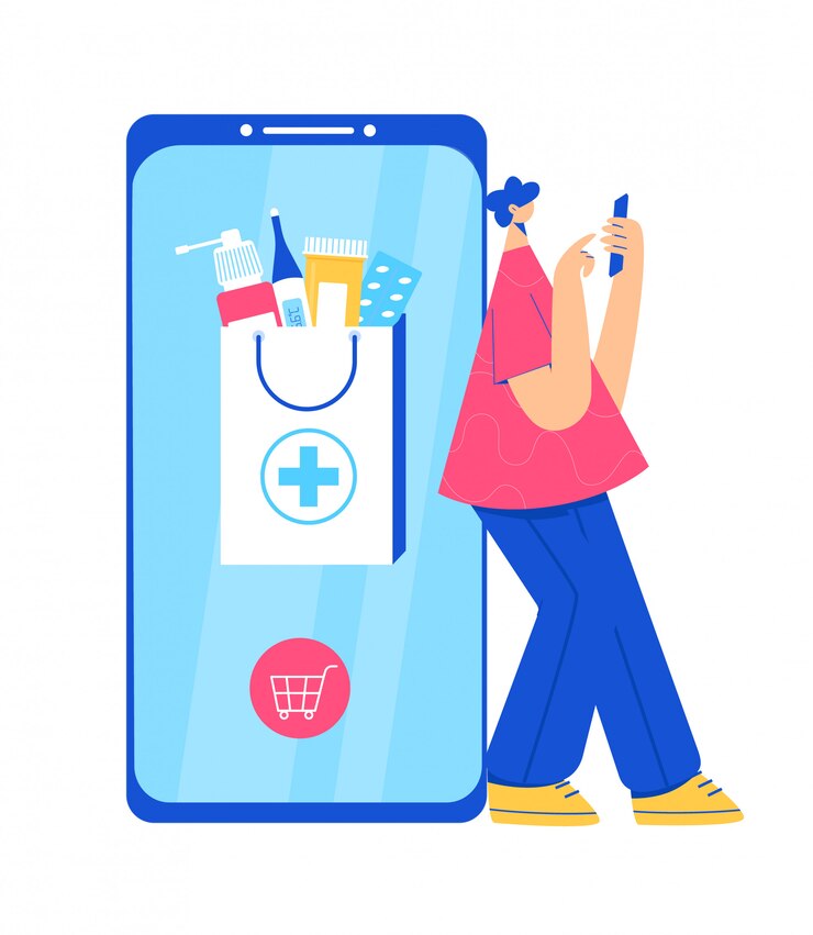 Conceito de farmácia on-line. Homem faz um pedido em uma farmácia usando um smartphone.