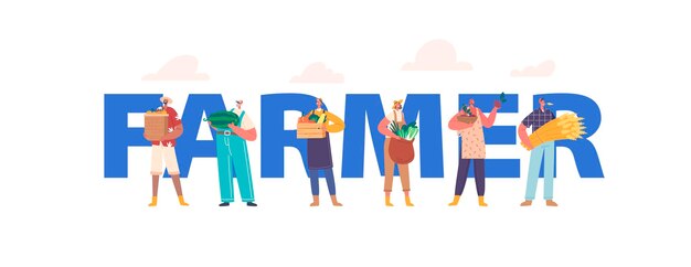 Conceito de fazendeiro Personagens masculinos e femininos Trabalhadores agrícolas com colheita fresca Agricultura Agricultura Temporada de colheita