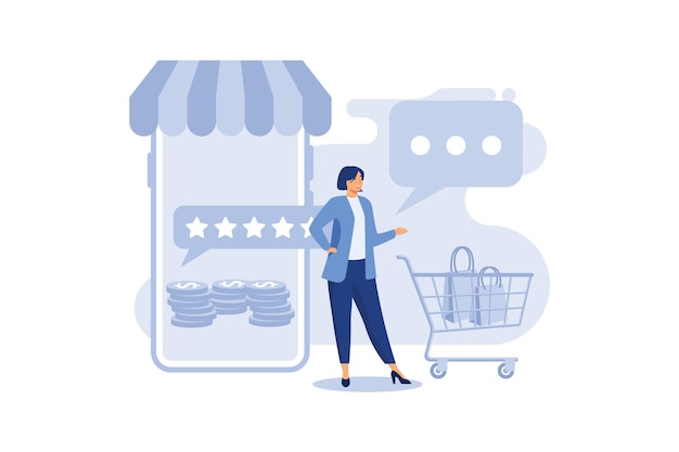 Conceito de feedback. avaliação da avaliação do cliente em compras on-line. reputação do aplicativo da loja online. compras