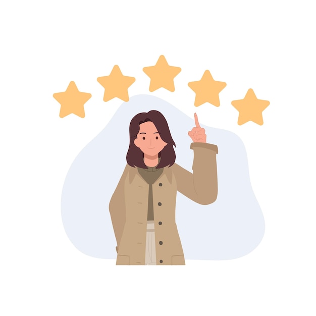 Conceito de feedback de satisfação do cliente pessoas com 5 estrelas sobre as cabeças ilustração vetorial plana