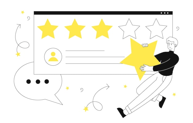 Conceito de feedback homem com estrelas avalia a experiência do usuário do produto ou página da web e feedback