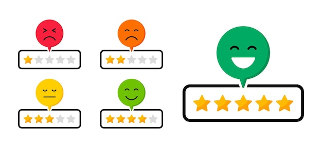 Vetor conceito de feedback revisões de usuários com emoticons e estrelas de avaliação