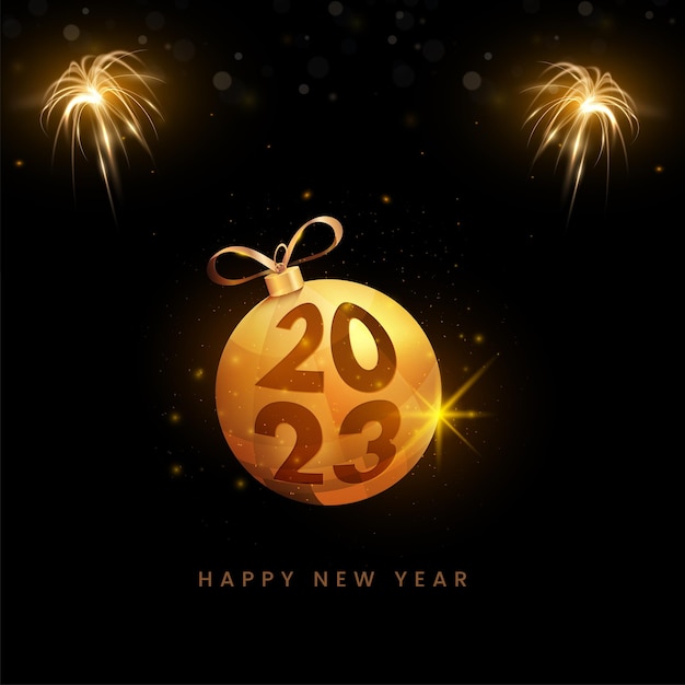 Conceito de feliz ano novo de 2023 com bugiganga dourada e fogos de artifício em fundo preto