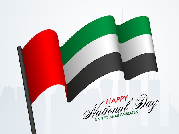 Conceito de feliz dia nacional com bandeira ondulada dos Emirados Árabes Unidos em fundo branco.