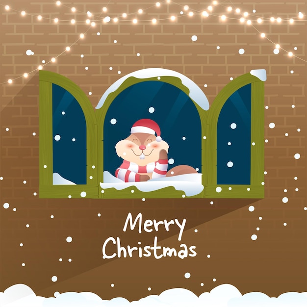 Conceito de feliz natal com esquilo de desenho animado na janela e guirlanda de iluminação no fundo da parede de tijolo marrom de queda de neve.