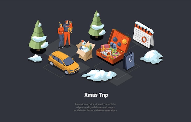 Conceito de férias de natal em família de viagem de inverno planejamento familiar férias de inverno personagens masculinos e femininos reserve hotel compre ingressos para viagens de natal isométrica 3d cartoon ilustração vetorial