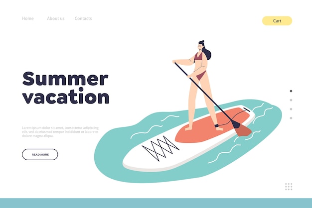 Conceito de férias de verão da página de destino com paddleboard de prática de mulher no resort marítimo