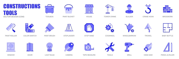 Conceito de ferramentas de construção de ícones da web definidos em design plano simples pacote de caixa de ferramentas balde de tinta casa guindaste de torre alvenaria pincel de amostra de cores e outros pictogramas vetoriais azuis para aplicativos móveis