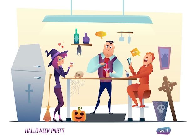 Conceito de festa de halloween. pessoas fantasiadas de monstros estão celebrando. design de personagens simples.