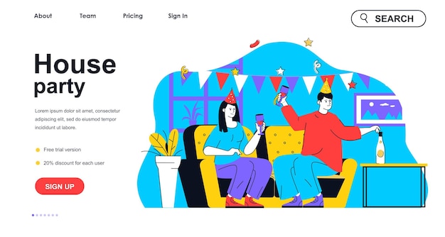 Conceito de festa em casa para modelo de página de destino homem e mulher comemorando aniversário bebendo e se divertindo cena de pessoas do evento de férias ilustração vetorial com design de personagens planas para banner da web