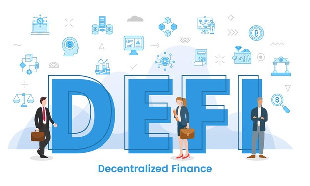 Conceito de finanças descentralizadas defi com grandes palavras e pessoas cercadas por ícones relacionados se espalhando com estilo moderno de cor azul