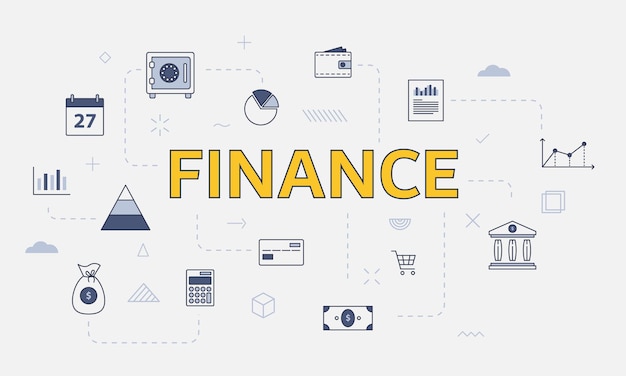 Conceito de finanças empresariais com conjunto de ícones com grande palavra ou texto na ilustração vetorial central
