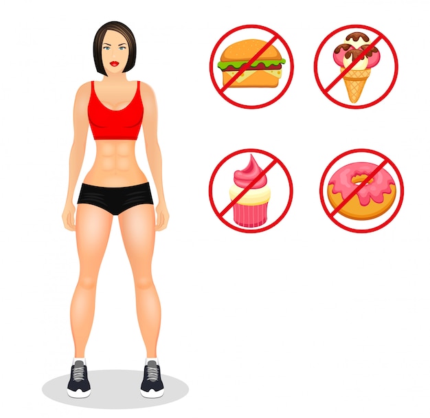 Conceito de fitness com ajuste mulher no sportswear. menina de desenhos animados de modelos musculares. alimentos úteis e prejudiciais. ilustração vetorial isolada