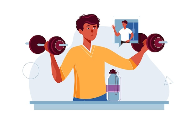 Conceito de fitness online com cena de pessoas no estilo cartoon plano Um cara faz exercícios físicos