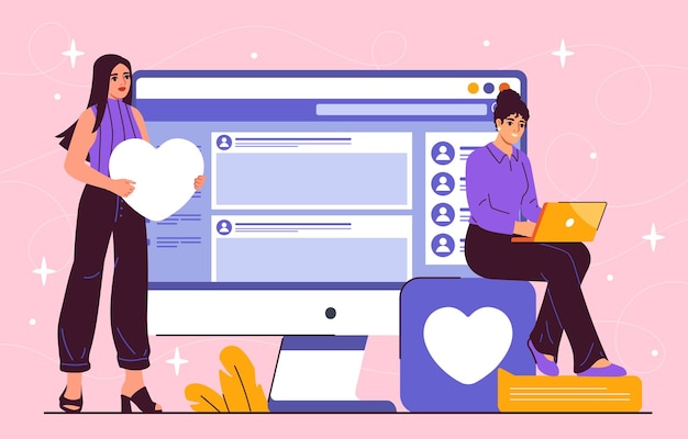 Conceito de fórum on-line mulheres com laptop e corações brancos comunicação e interação na internet