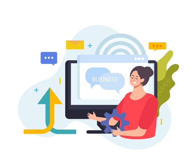 Conceito de fusão de negócios fundo plano com composição de computador bate-papo bolhas setas engrenagem e personagem feminina ilustração vetorial