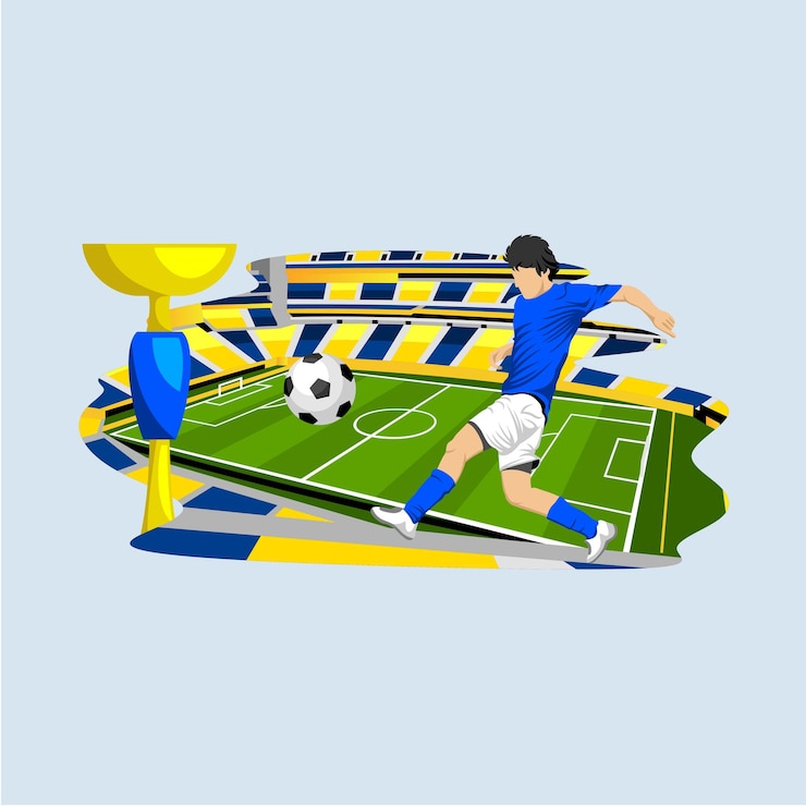 Vetor conceito de futebol com atletas jogadores de futebol troféus e estádio para fundo