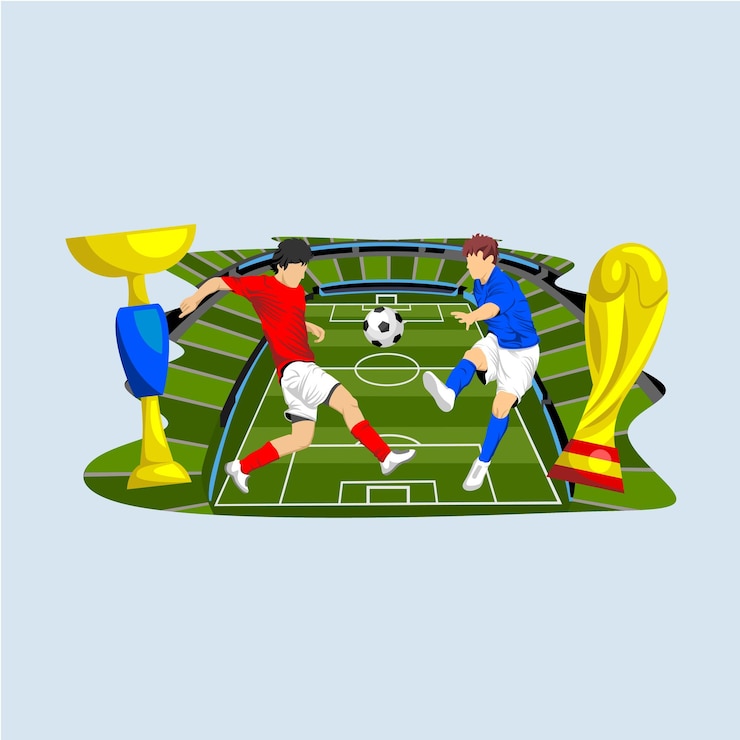 Vetor conceito de futebol com atletas jogadores de futebol troféus e estádio para fundo