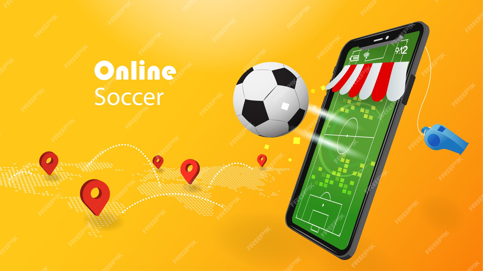 Conceito de futebol on-line com telefone celular 3d e futebol em