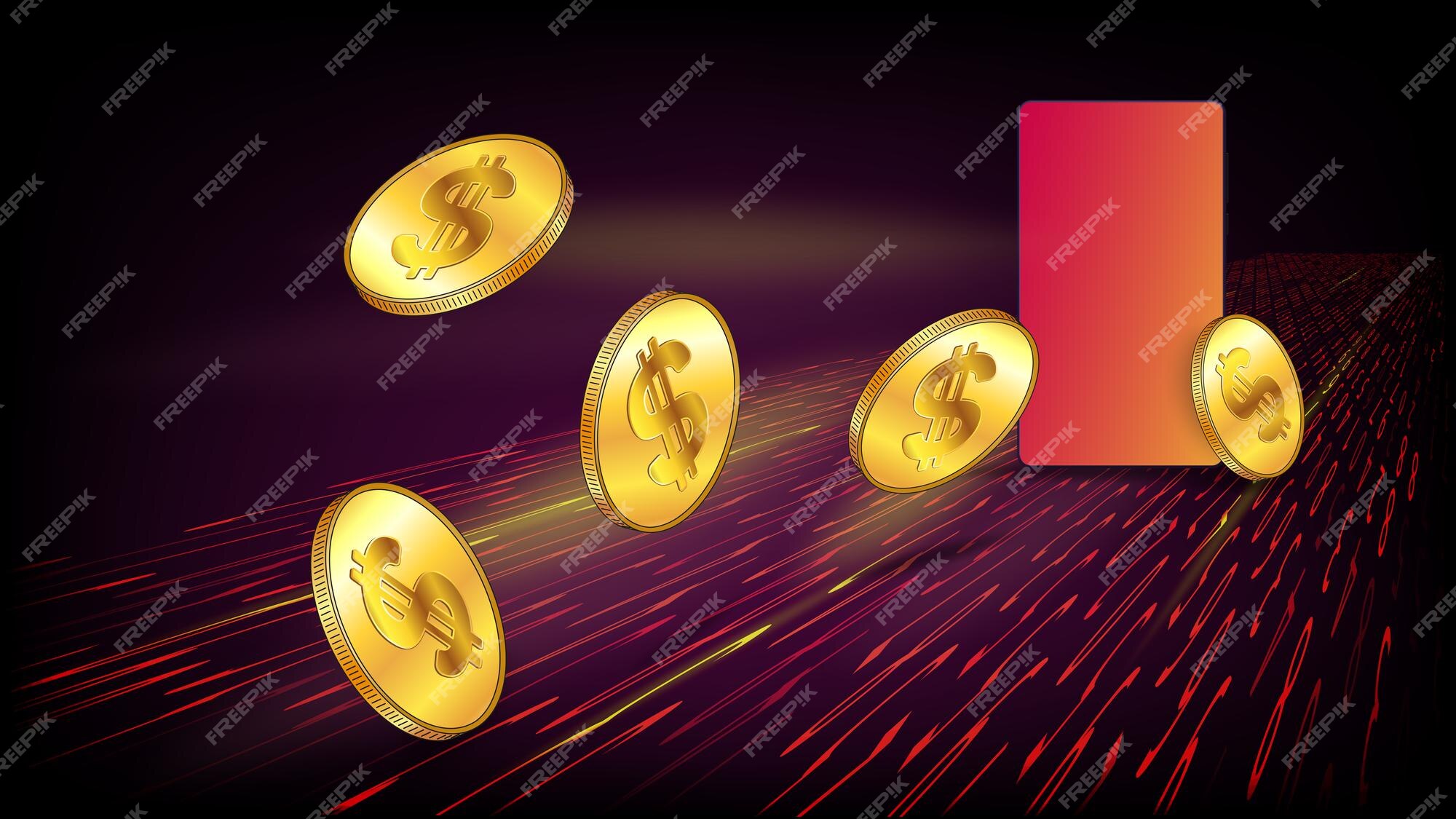 Tokens exclusivos e moedas de ouro de dólares americanos voam de seus  celulares. conceito de ganhar dólares em dólares em token não fungível nft.  modelo colorido para banner ou jogo. ilustração vetorial