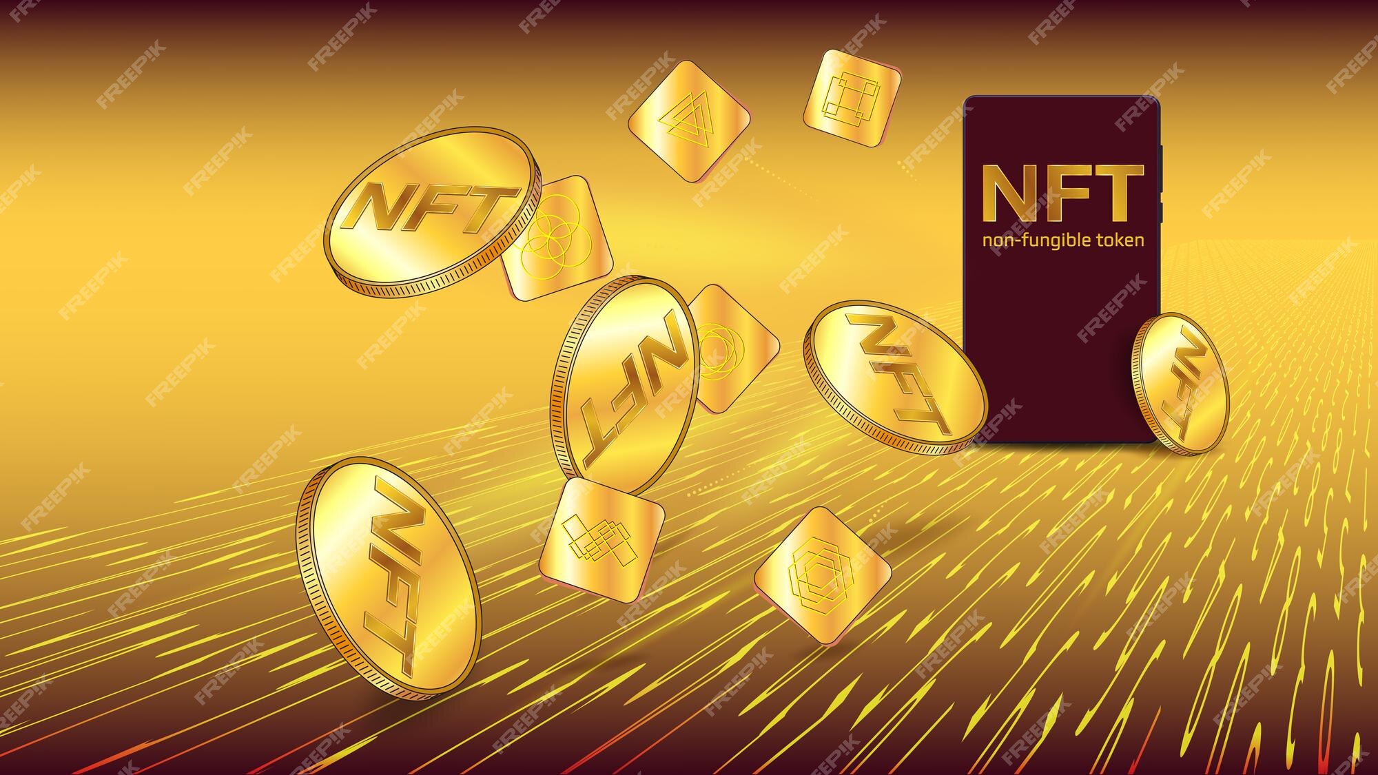 Tokens exclusivos e moedas de ouro de dólares americanos voam de seus  celulares. conceito de ganhar dólares em dólares em token não fungível nft.  modelo colorido para banner ou jogo. ilustração vetorial