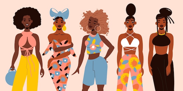 Conceito de garotas negras coloridas, as garotas estão vestidas com diferentes estilos e penteados ilustração do vetor