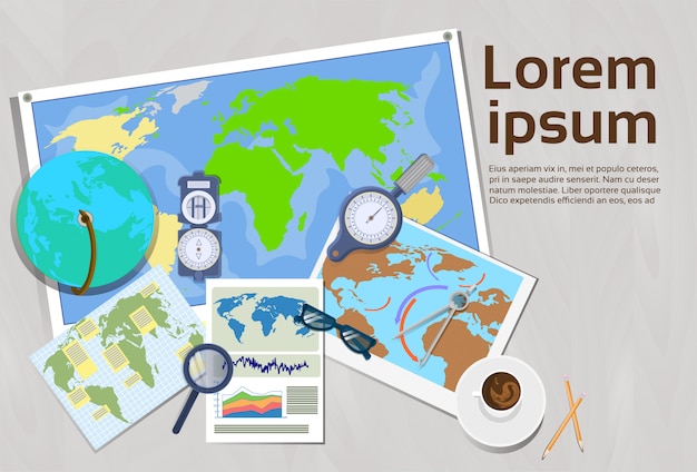 Vetor conceito de geografia e cartografia vista de ângulo superior do modelo de trabalho banner com espaço de cópia