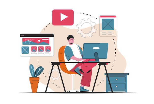 Conceito de gerenciador de conteúdo isolado. Criação de conteúdo para preenchimento do layout do site. Cena de pessoas no design plano dos desenhos animados. Ilustração vetorial para blog, site, aplicativo móvel, materiais promocionais.