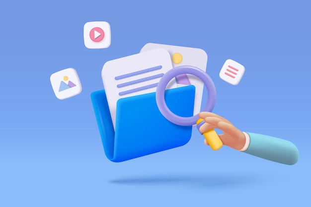 Conceito de gerenciamento de arquivos de mídia 3d pesquisa de arquivos de imagem e vídeo em banco de dados gerenciamento de documentos software fluxo de documentos aplicativo documentos compostos conceito de ilustração de renderização vetorial de ícones de ampliação 3d