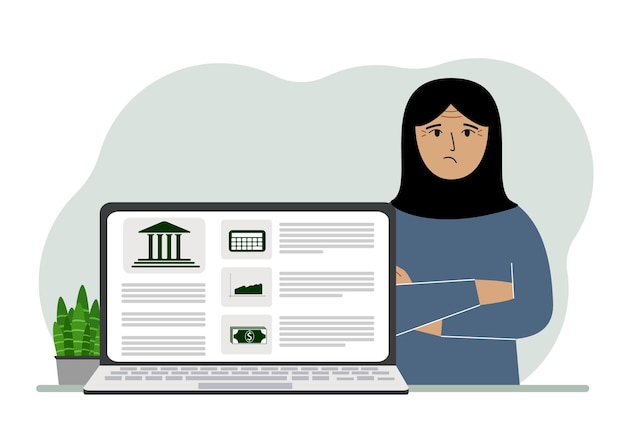 Conceito de gerenciamento de contas bancárias de depósito de dinheiro de pagamento de contas de laptop ou site de computador mulher árabe com laptop e site de banco