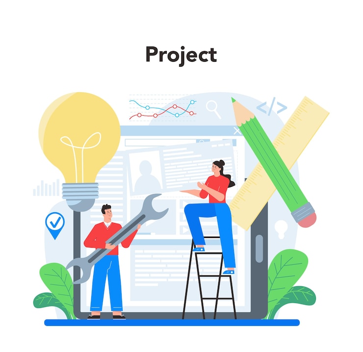 Vetor conceito de gerenciamento de projetos motivação e liderança de planejamento de estratégia bem-sucedida análise e desenvolvimento de marketing ilustração vetorial em estilo cartoon