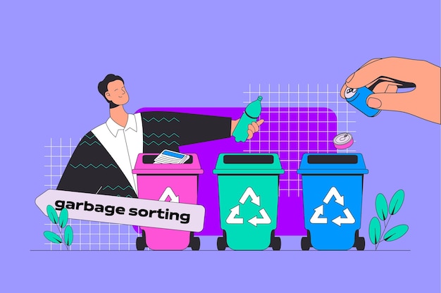 Vetor conceito de gerenciamento de resíduos em design plano moderno para web homem coletando e classificando lixo em diferentes caixas de lixo para planta de reciclagem ilustração vetorial para material de marketing de banner de mídia social