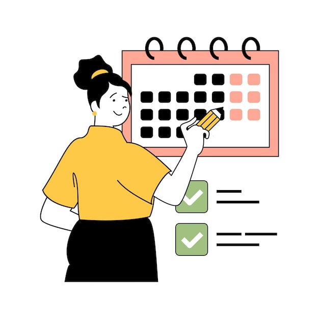 Conceito de gerenciamento de tempo com pessoas de desenho animado em design plano para web Mulher planejando fluxo de trabalho de equipe e tarefas com calendário e lista Ilustração vetorial para material de marketing de banner de mídia social