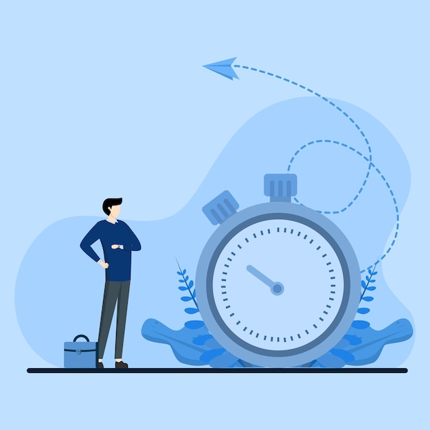 Conceito de gerenciamento de tempo, empresário observando o tempo, o tempo e o conceito de trabalho, concluindo tarefas a tempo.