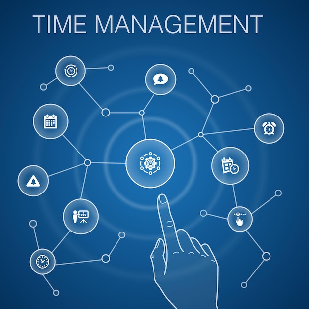 Vetor conceito de gerenciamento de tempo, fundo azul. eficiência, lembrete, calendário, ícones de planejamento