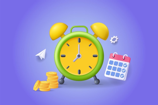 Conceito de gerenciamento de tempo Ilustração 3D Composição do ícone com calendário de relógio e pilhas de moedas