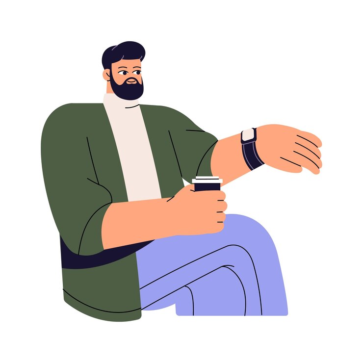 Vetor conceito de gerenciamento de tempo trabalhador em pausa para café olhando para o relógio planejamento de trabalho relógio freelancer sentado segurando copo de bebida estilo de vida de produtividade eficiente ilustração de vetor isolado plano em branco