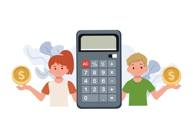 Conceito de gestão financeira crianças felizes economizando dinheiro crianças com moeda de dólar e ilustração vetorial de calculadora