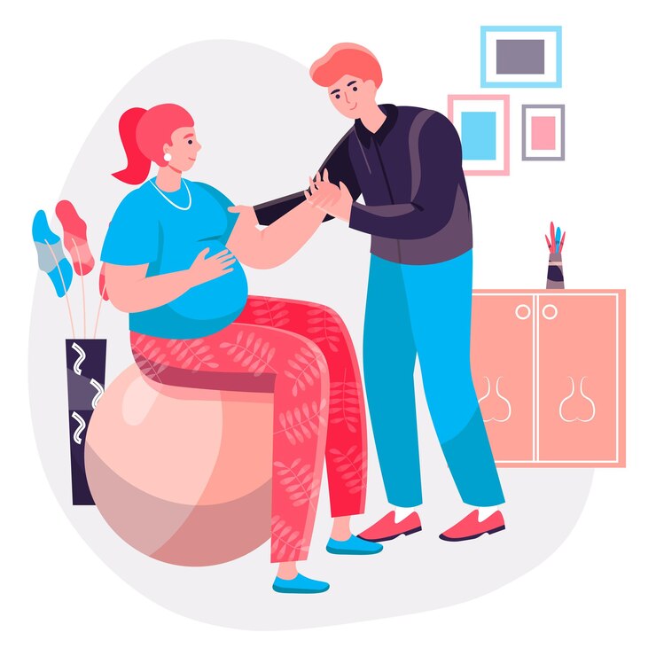 Vetor conceito de gravidez. mulher grávida fazendo exercícios com bola e o marido a ajuda. família jovem, casal esperando a cena do personagem de criança. ilustração vetorial em design plano com atividades pessoais