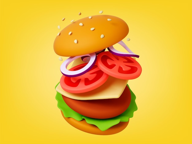 conceito de hambúrguer saboroso 3d render sanduíche de fast food pão com sementes fatias de tomate anéis de cebola queijo e carne cutlet com salada póster vetor conciso
