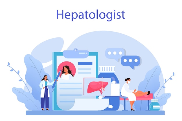 Vetor conceito de hepatologista médico faz exame de fígado hepatectomia ideia de terapia de embolização de tratamento médico colecintigrafia ilustração vetorial isolada