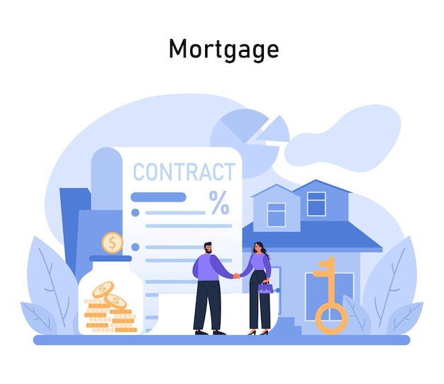 Vetor conceito de hipoteca pessoas finalizando um contrato de casa com imagens-chave de acordo de propriedade e