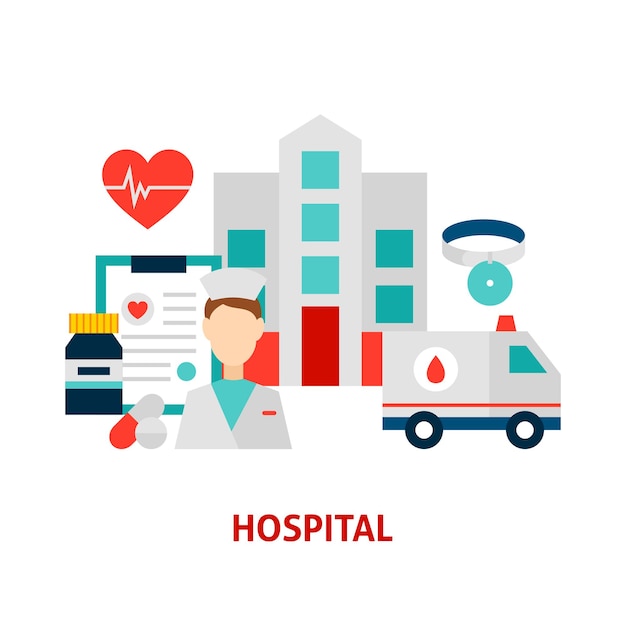 Conceito de hospital médico. ilustração vetorial com objetos de cuidados de saúde.