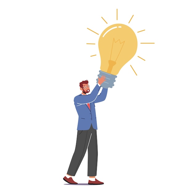Conceito de ideia criativa personagem de empresário minúsculo segurando enorme lâmpada brilhante tendo grande inspiração e insight