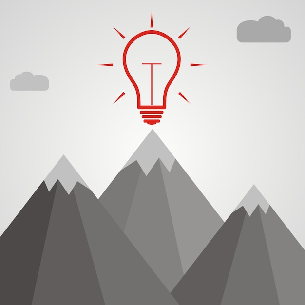 Conceito de ideia lâmpada de ideia no topo de uma montanha