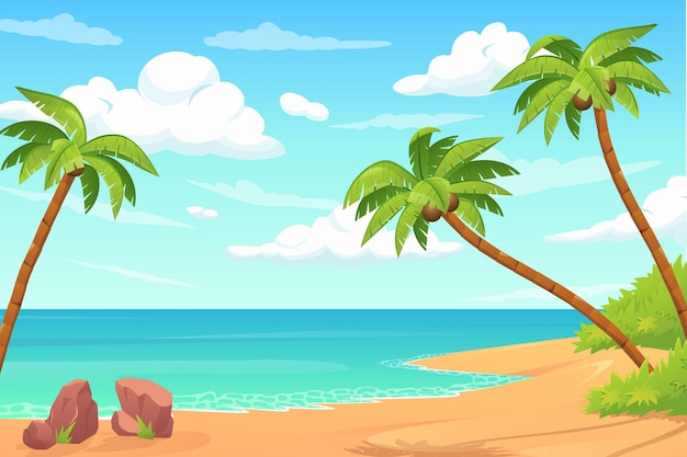 Vetor conceito de ilha tropical de verão em design plano dos desenhos animados praia de areia com coqueiros e mar