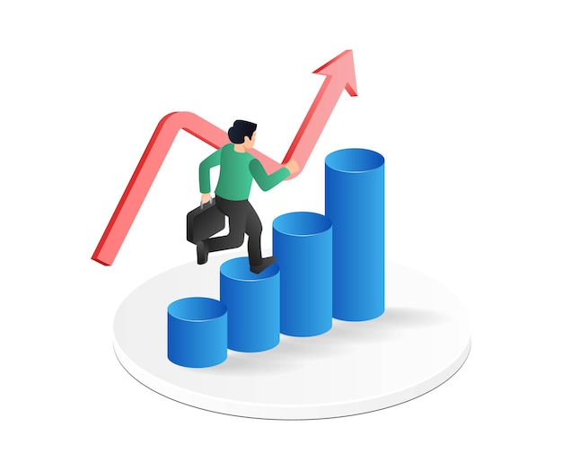 Vetor conceito de ilustração 3d plana isométrica do homem andando no gráfico de barras
