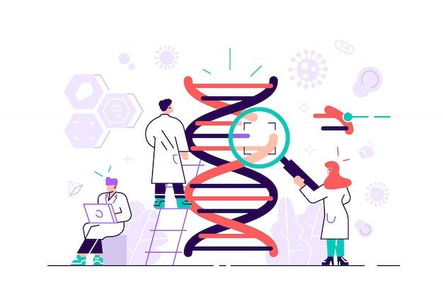 Vetor conceito de ilustração de ciência de dna genético. mostrando um grupo de cientistas que investigam o dna, adequado para landing page, interface do usuário, web, cartão de introdução ao aplicativo, editorial, folheto e banner. estilo simples