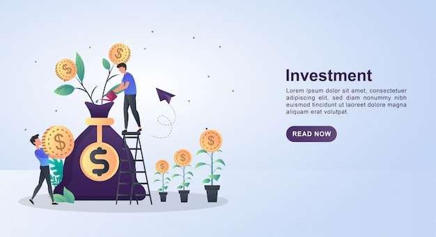 Conceito de ilustração de investimento com pessoas que plantam moedas.